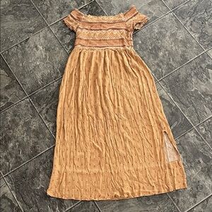 WILD SKYE Boho Off-Shoulder Patterned Maxi Dress Hippie Coquette Milkmaid